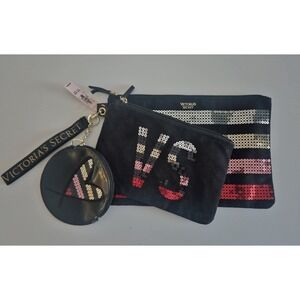 NWT Victoria's Secret 3-Piece Makeup Bag Set Black Pink Sequin Y2K Heart‎ Pouch